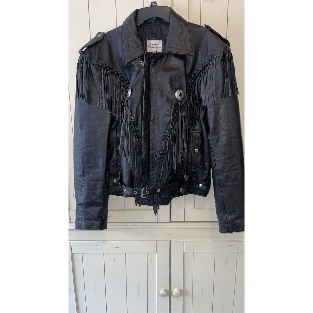 Vintage Fringe Genuine Leather Fringe UNISEX Biker Jacket Motorcycle Size 46